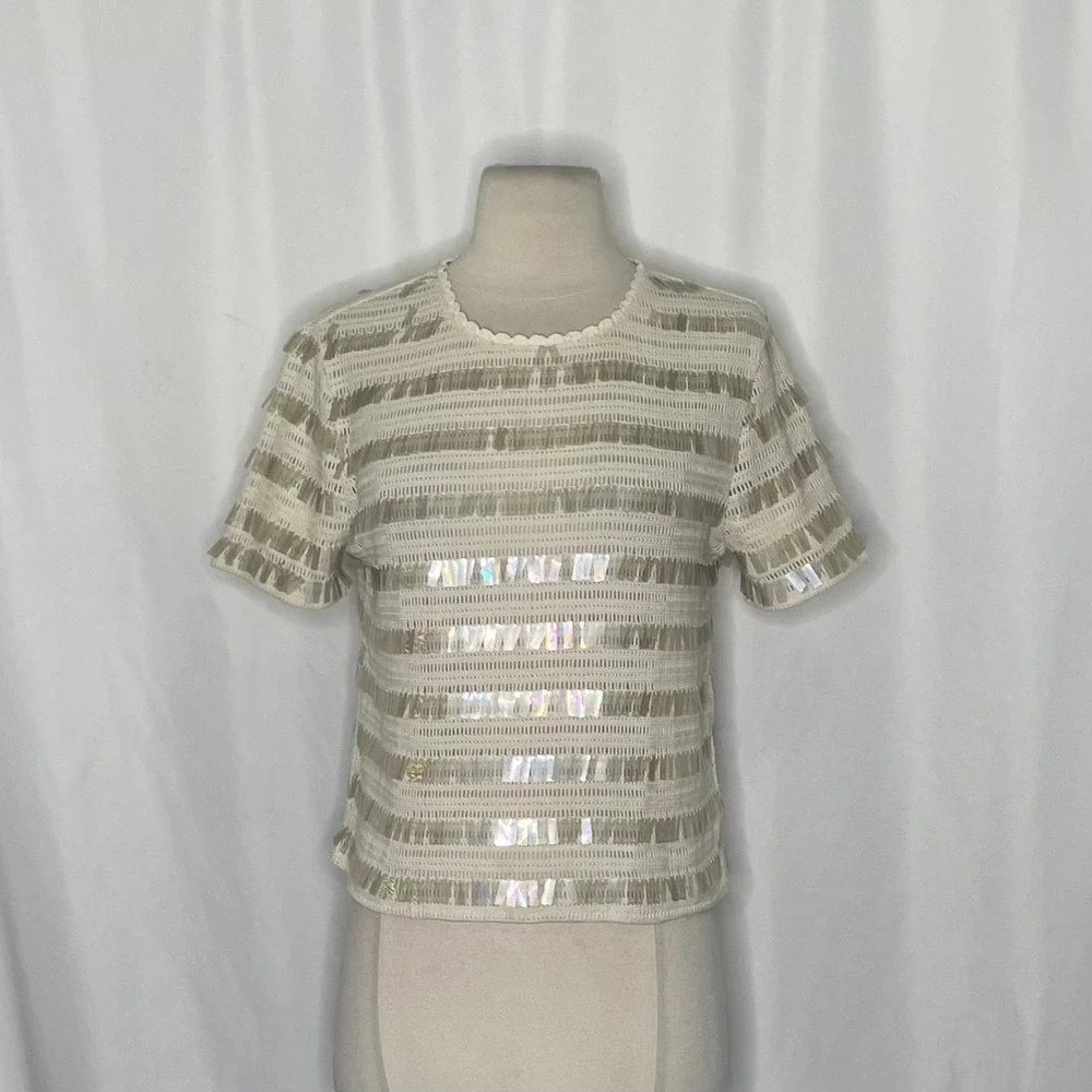 NWT!! J. CREW Crochet Shirt Shimmery Sequins Knit Party Glam Preppy X-Small‎